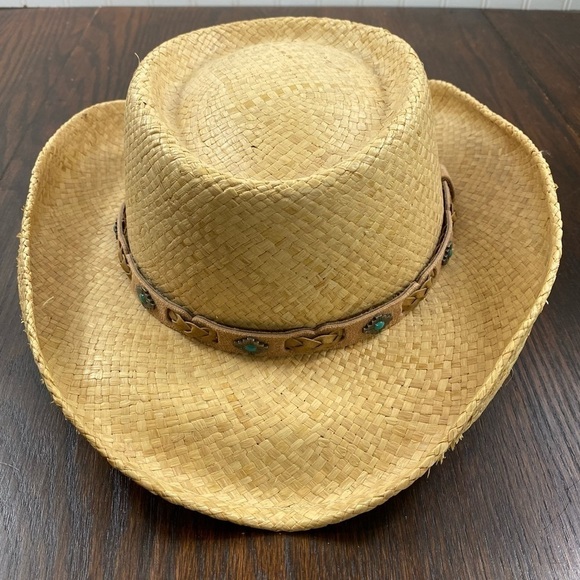 Fiesta Women’s Straw with Leather Band with Turquoise Beaded Cowboy Hat Sz XL - Picture 3 of 8